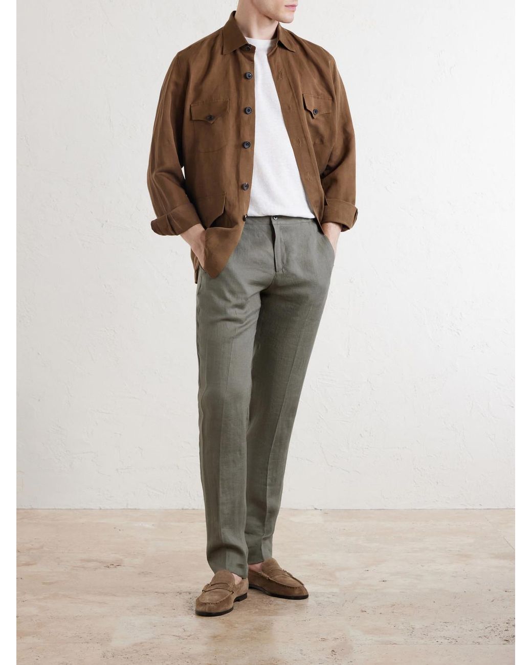 Kiton Gray Tapered Linen Trousers for men