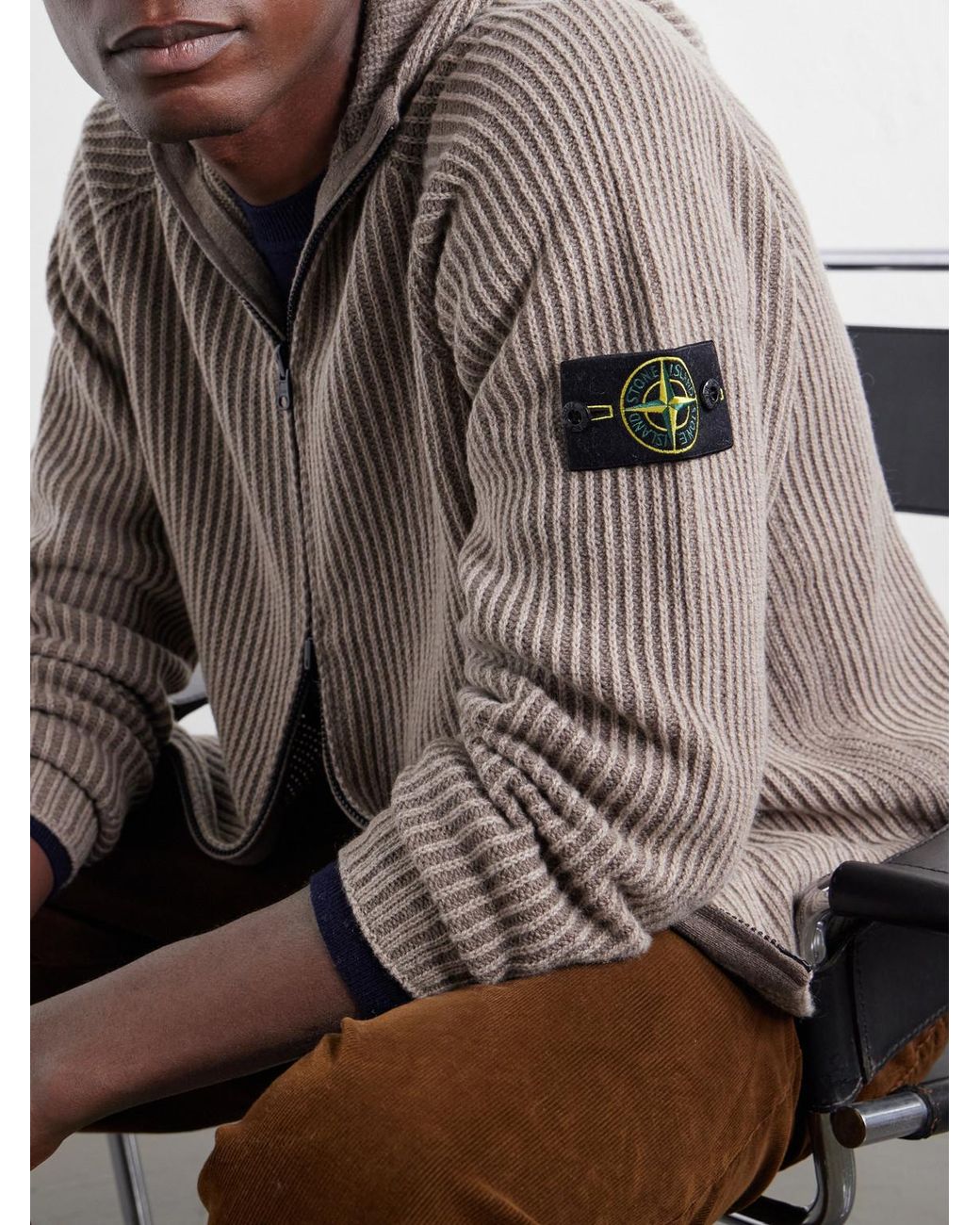 Stone Island Gray Ribbed Cashmere And Wool-Blend Zip-Up Hoodie for men