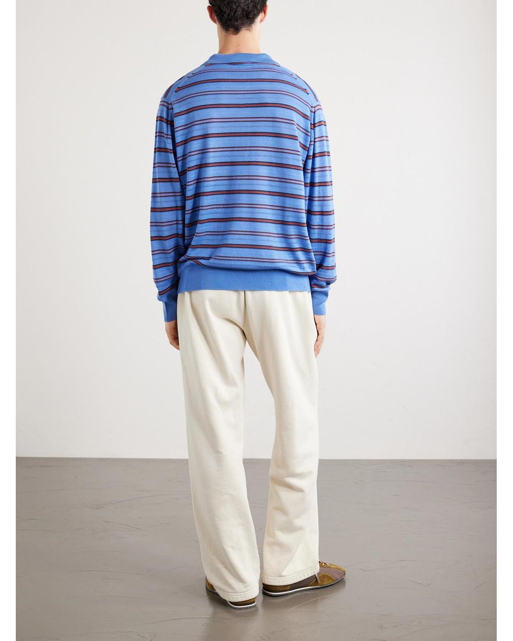 Wales Bonner Blue Beam Striped Wool And Cotton Polo Shirt for men