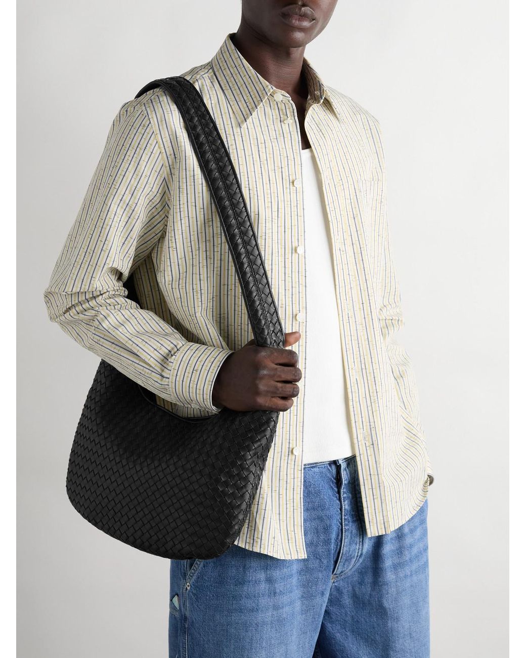 Bottega Veneta Black Intrecciato Leather Messenger Bag for men