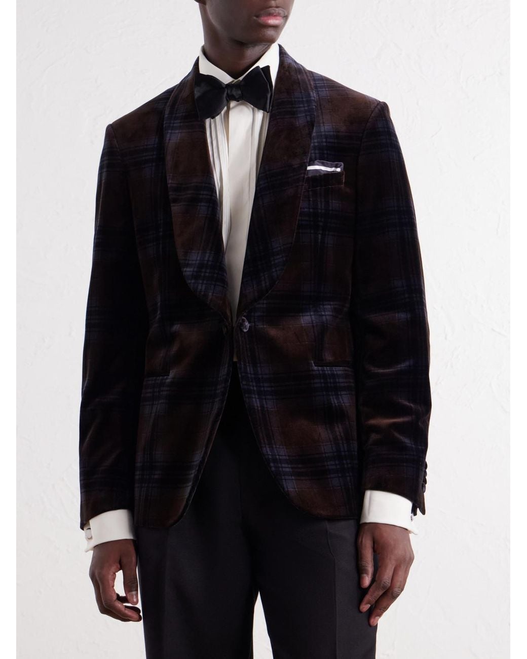 Mr P. Blue Shawl-Collar Checked Cotton-Velvet Tuxedo Jacket for men