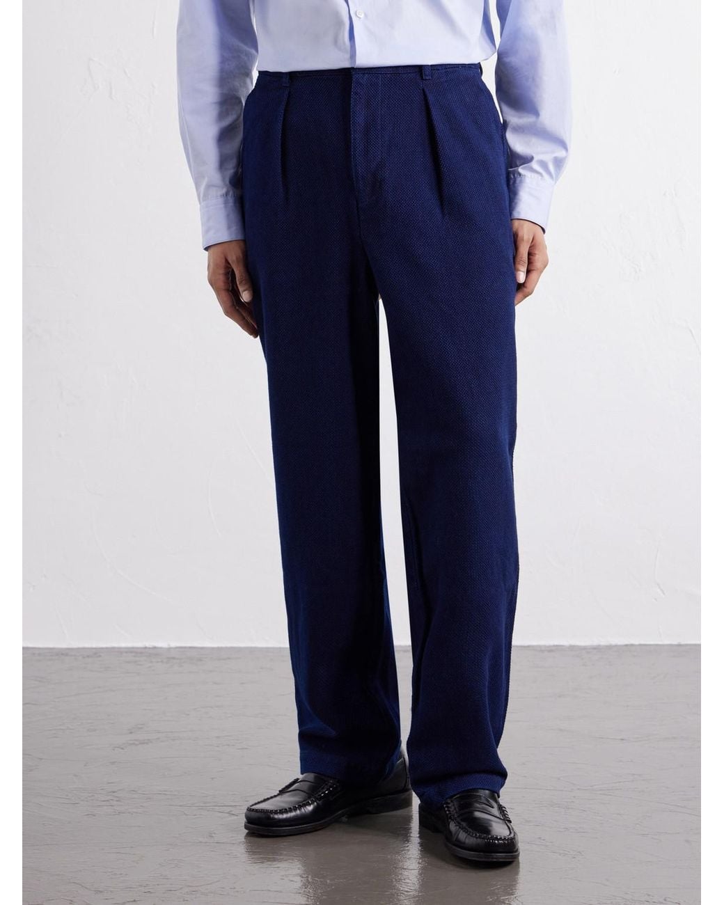Blue Blue Japan Blue Wide-Leg Pleated Cotton-Sashiko Trousers for men