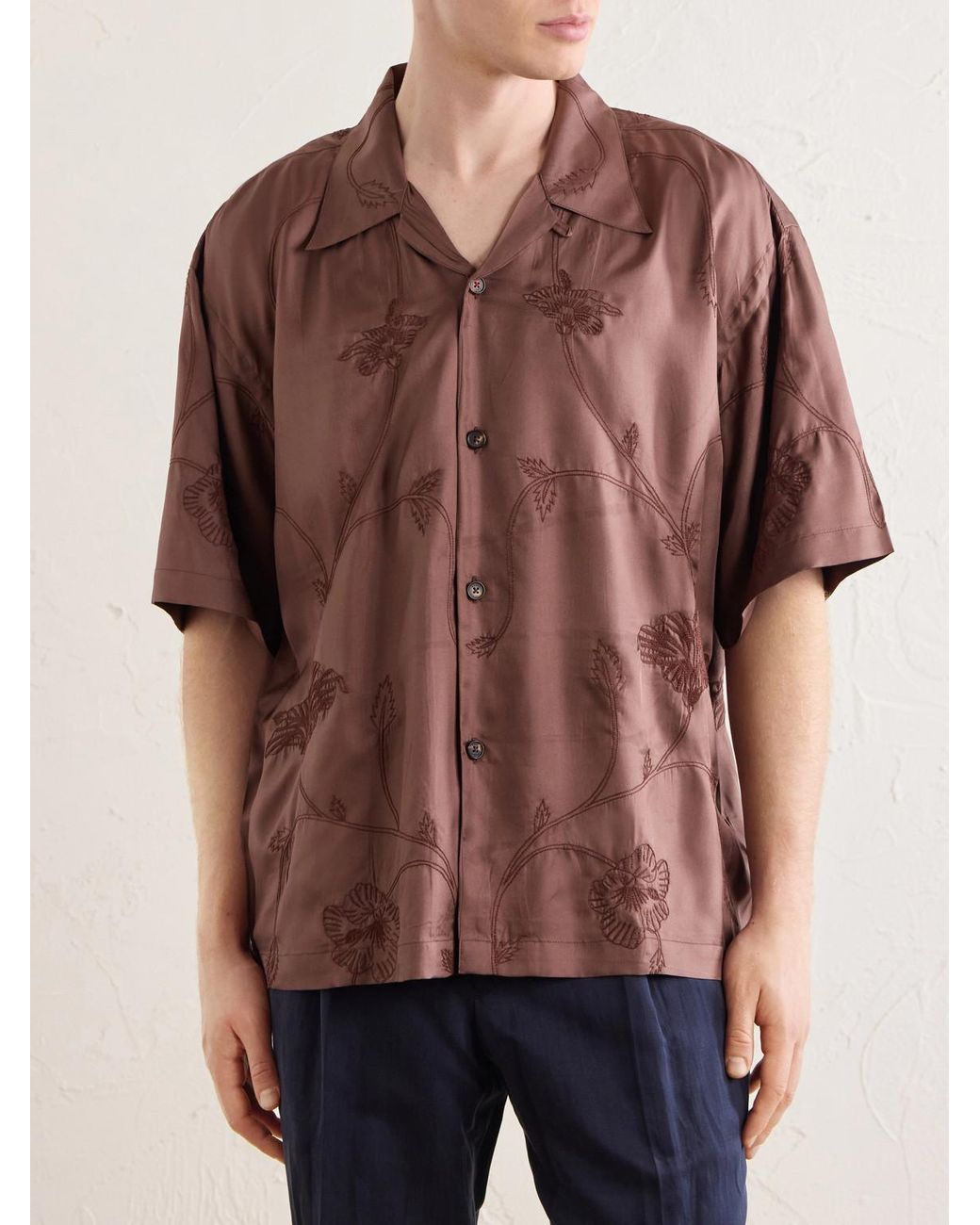 Kardo Rohit Convertible-Collar Floral-Embroidered Silk-Satin Shirt for men
