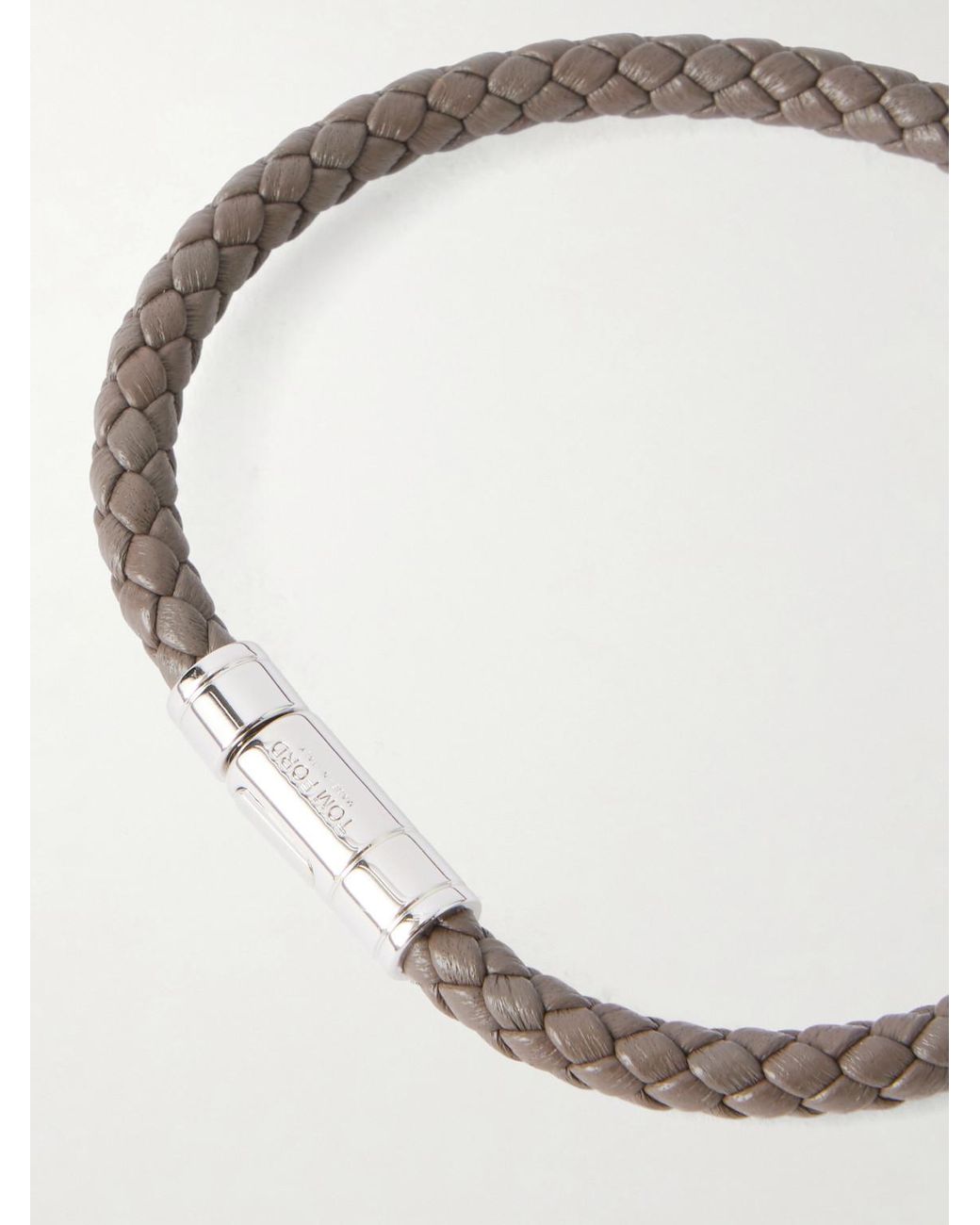 Tom Ford Natural Logo-engraved Silver-tone And Woven Leather Bracelet for men