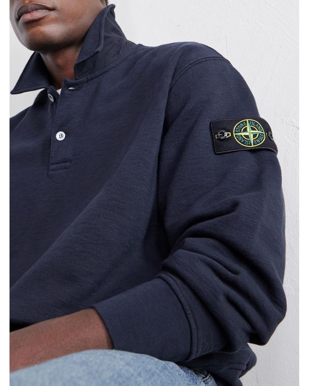 Stone Island Blue Garment-Dyed Tubular Cotton-Fleece Polo Sweater for men