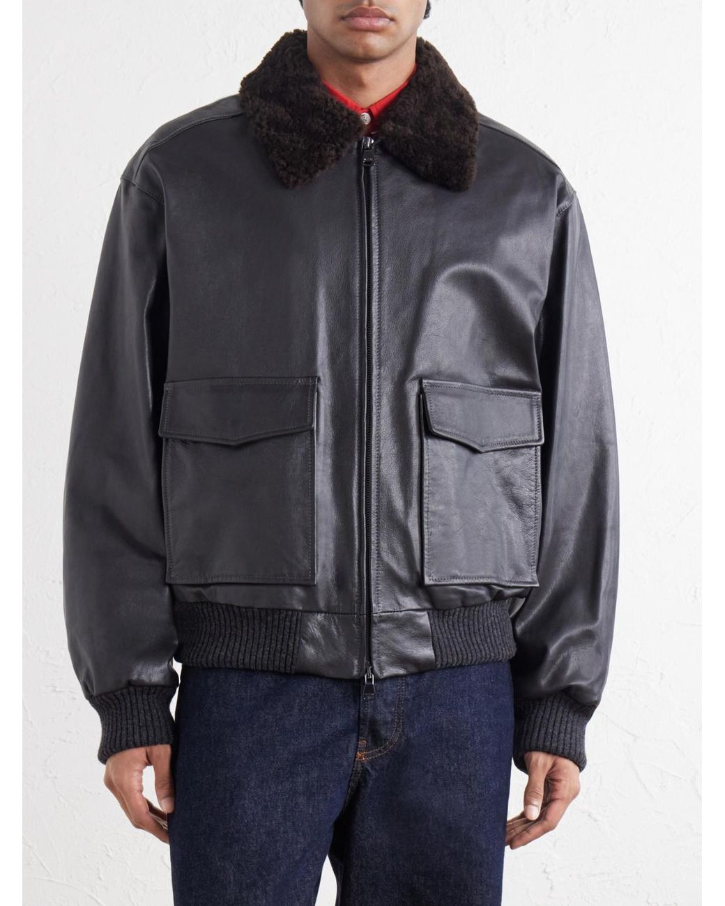 Valstar Black Smith Shearling-Trimmed Full-Grain Leather Jacket for men