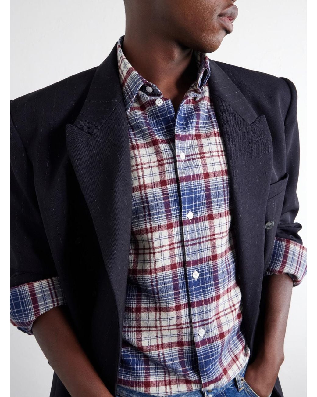 Willy Chavarria Blue Checked Brushed Virgin Wool-Flannel Shirt for men