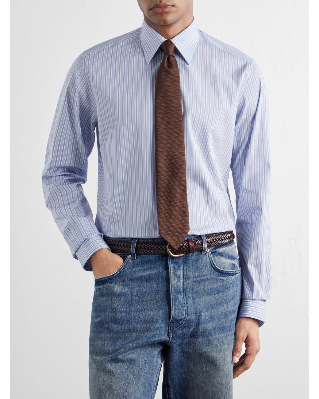 Dolce & Gabbana Blue Classic-Collar Striped Cotton-Poplin Shirt for men