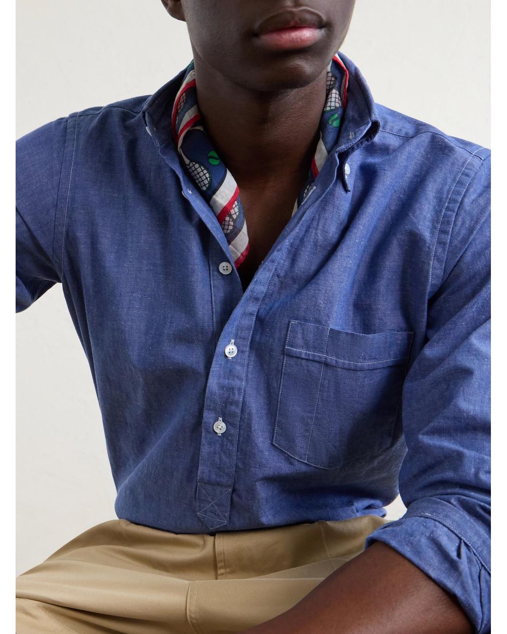 Drake's Blue Button-Down Collar Cotton And Linen-Blend Polo Shirt for men