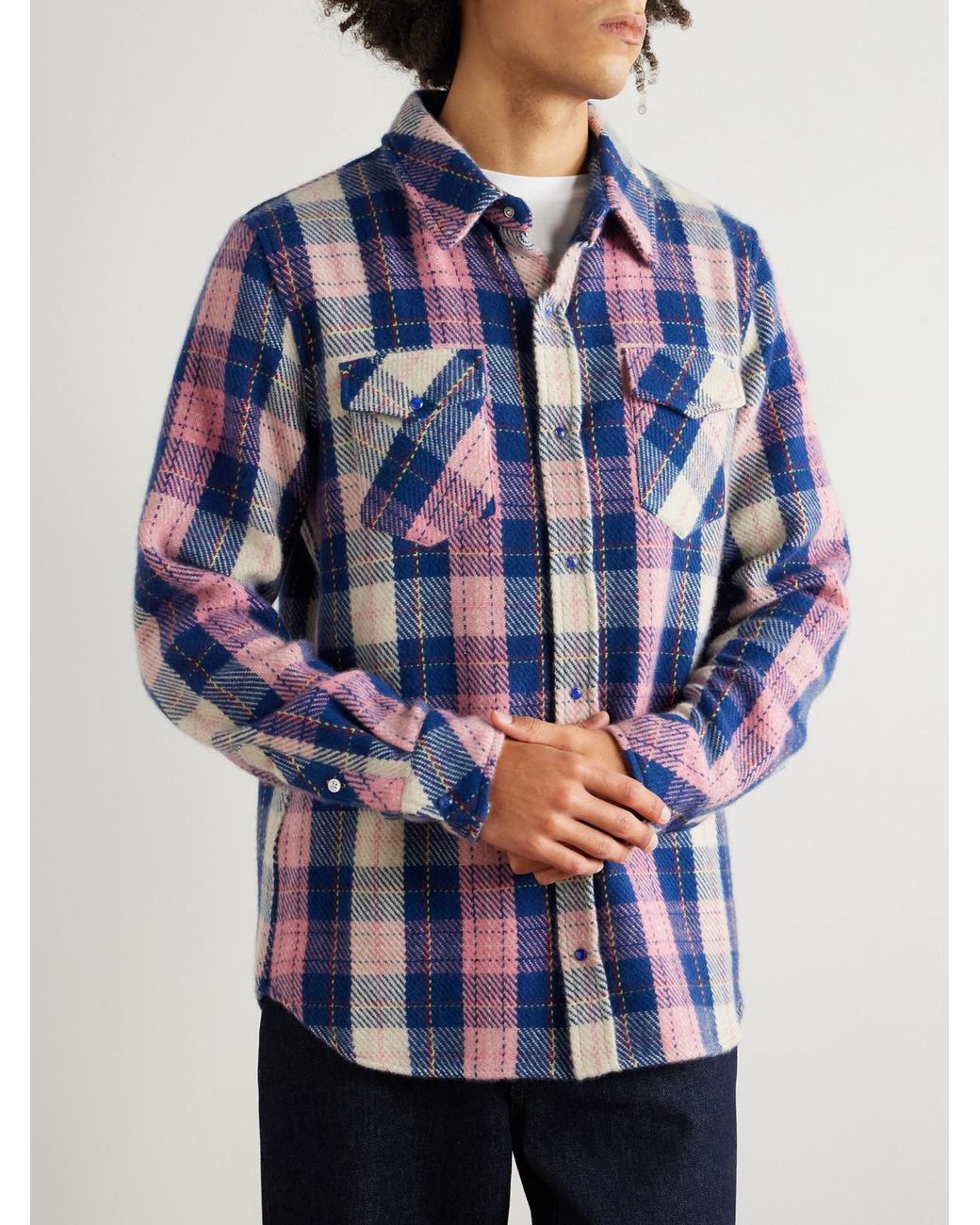 God's True Cashmere Blue Checked Cashmere Shirt for men