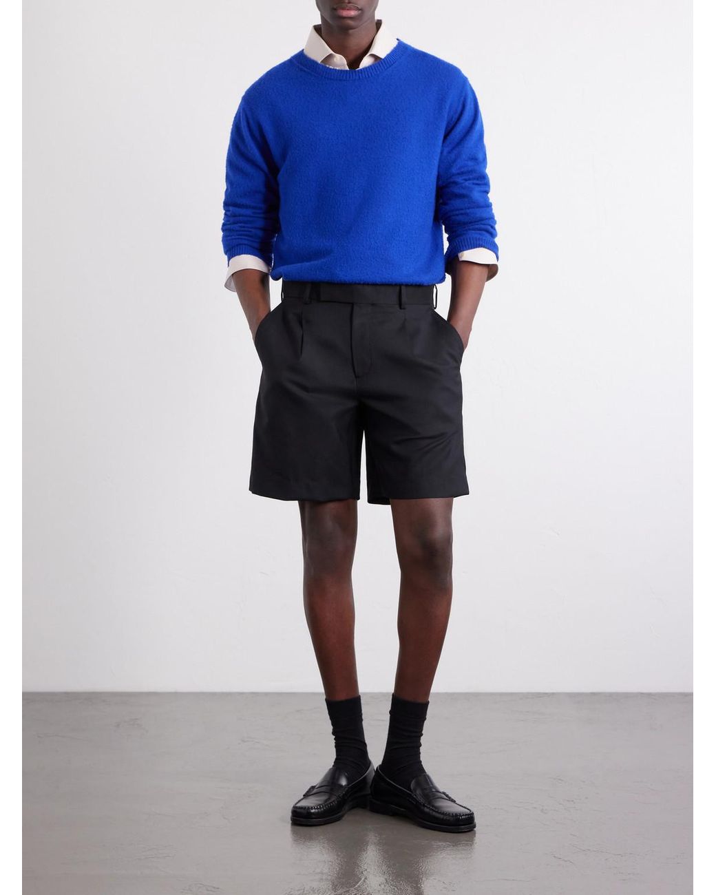 Mr P. Blue Wide-Leg Pleated Wool Shorts for men