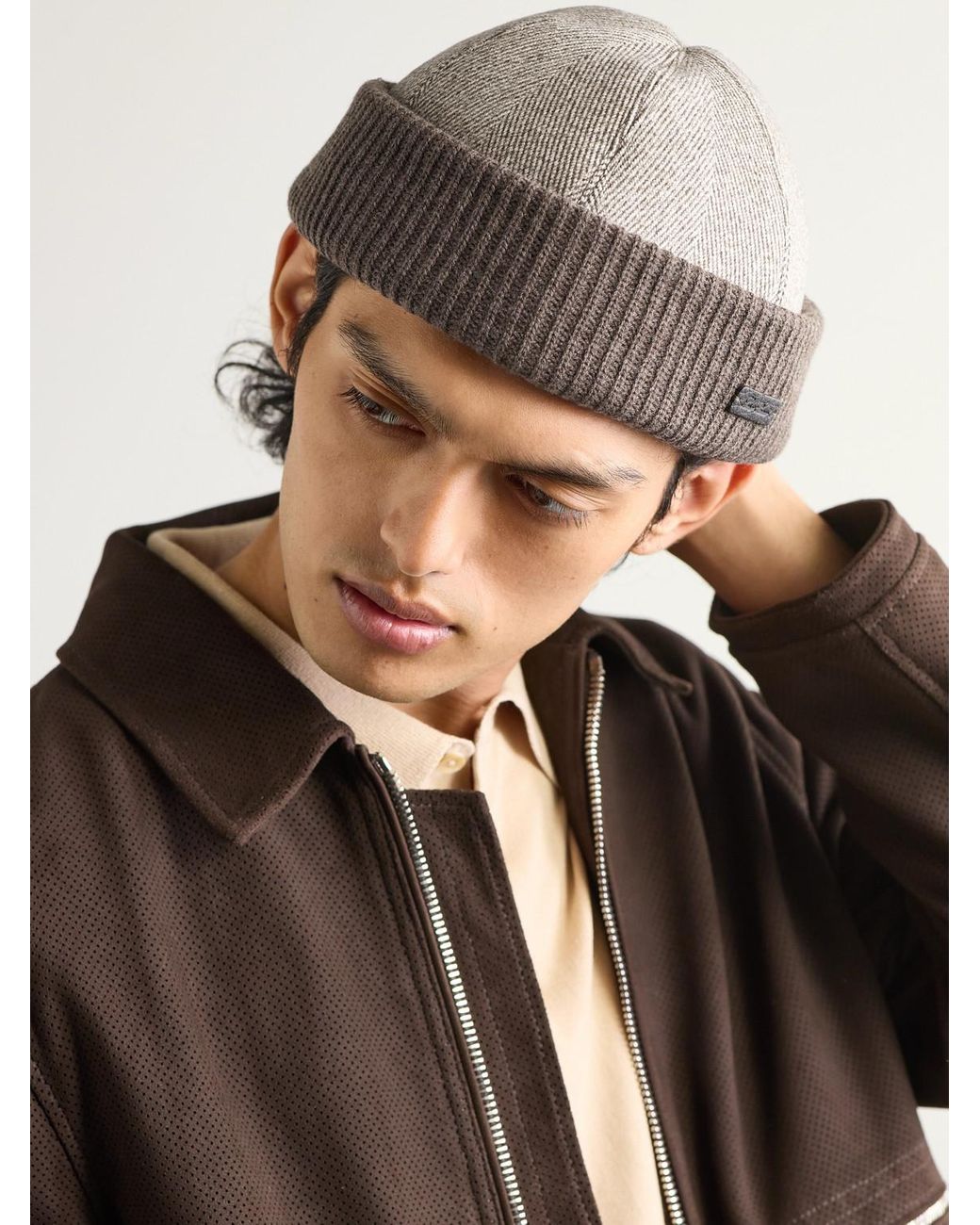 Loro Piana Brown Logo-Appliquéd Herringbone Cotton-Blend And Ribbed-Knit Beanie for men