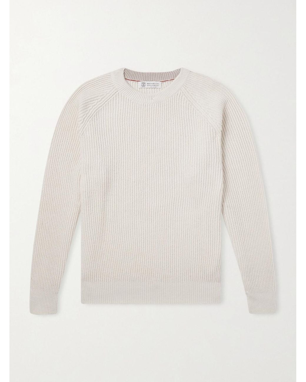Brunello Cucinelli White Ribbed Cotton Sweater for men