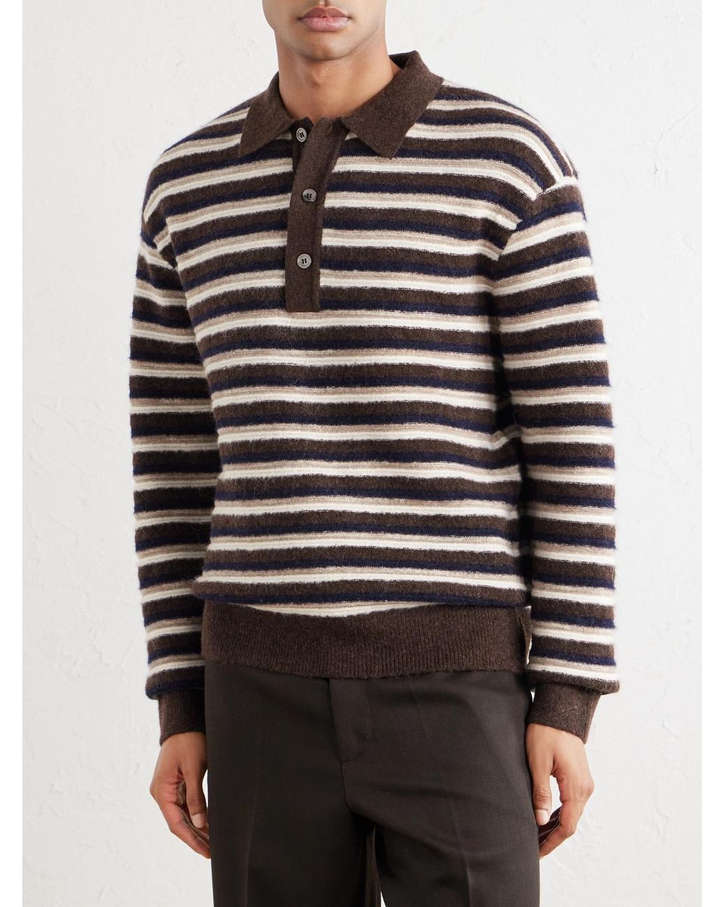 Officine Generale Brown Patchi Striped Wool-Blend Polo Shirt for men