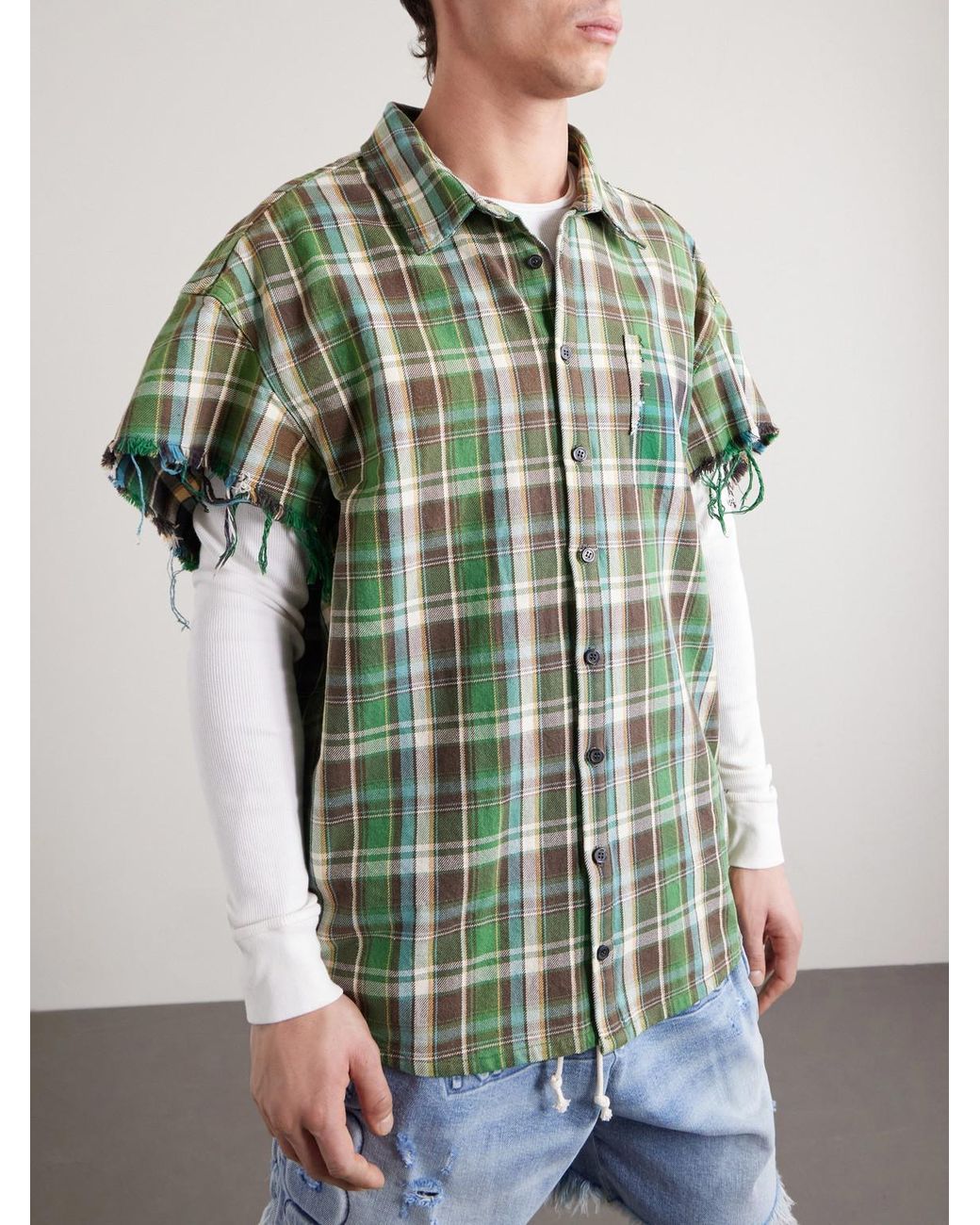 Satoshi Nakamoto Green Layered Frayed Checked Cotton-flannel And Waffle-knit Shirt for men
