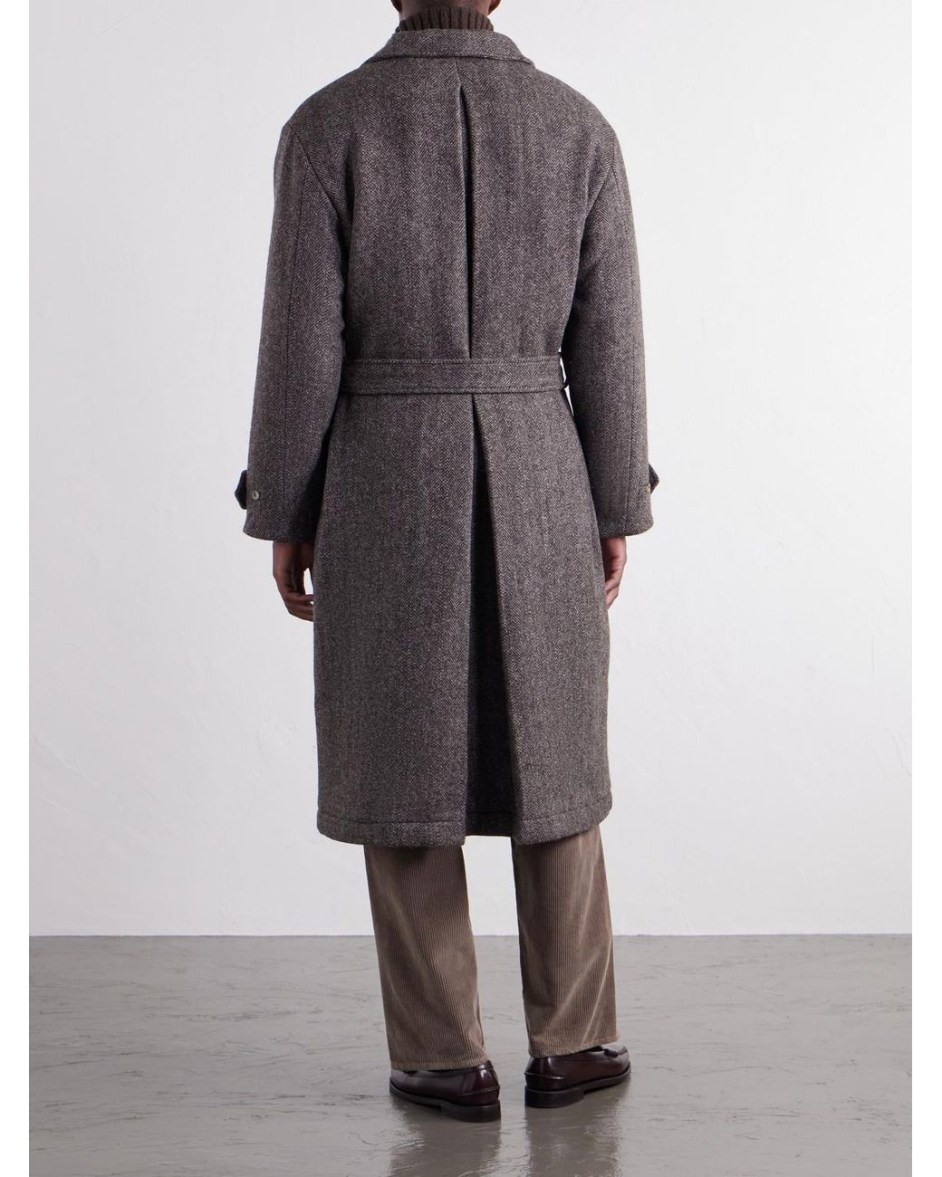 De Bonne Facture Gray Double-Breasted Herringbone Wool-Tweed Coat for men