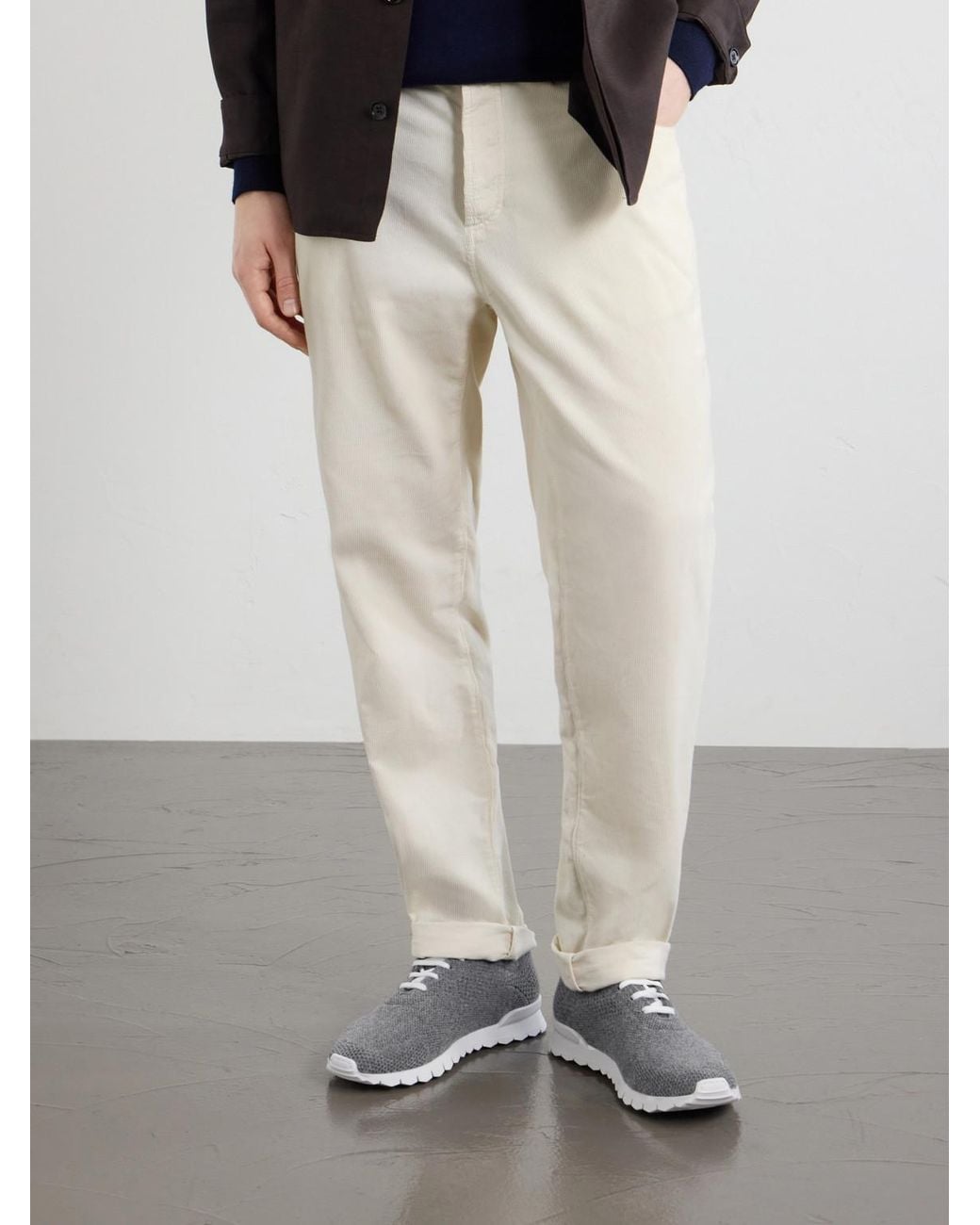 Kiton Gray Logo-Embroidered Stretch-Knit Sneakers for men