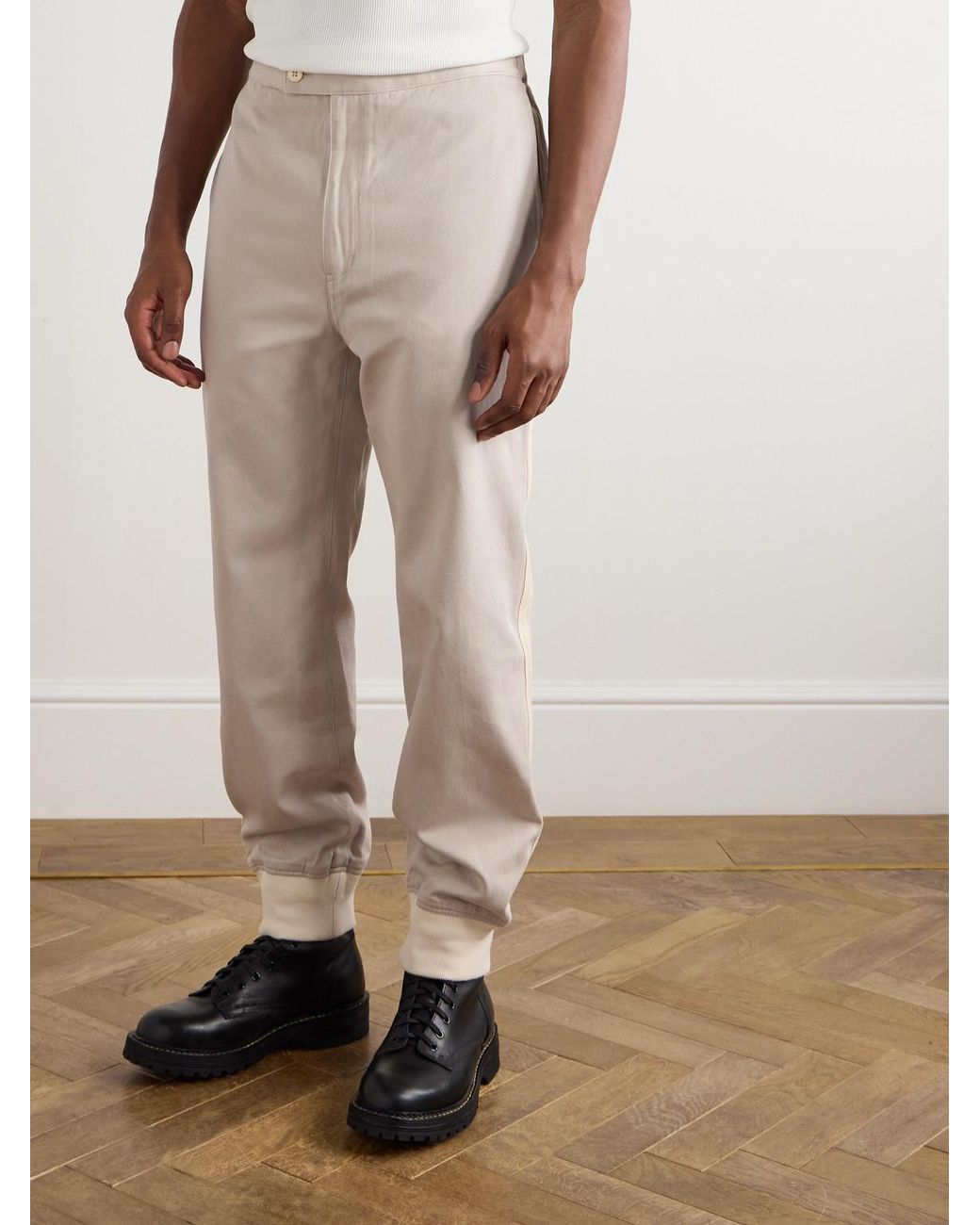 Visvim Natural Bertone Tapered Grosgrain-striped Cotton-twill Trousers for men