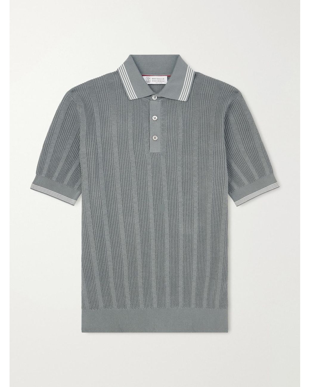 Brunello Cucinelli Gray Striped Pointelle-Knit Cotton Polo Shirt for men