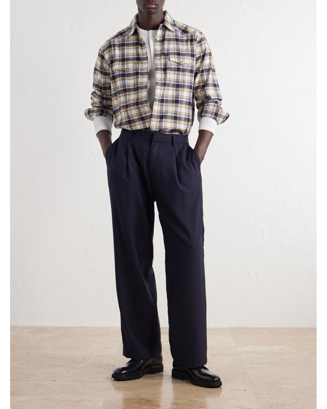 Mr P. Blue Wide-Leg Pleated Wool-Fresco Trousers for men