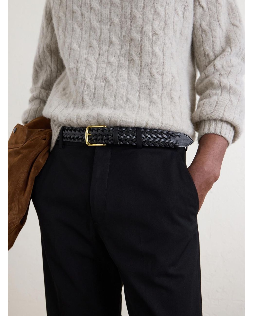 Drake's Black 3.5Cm Woven Leather Belt for men