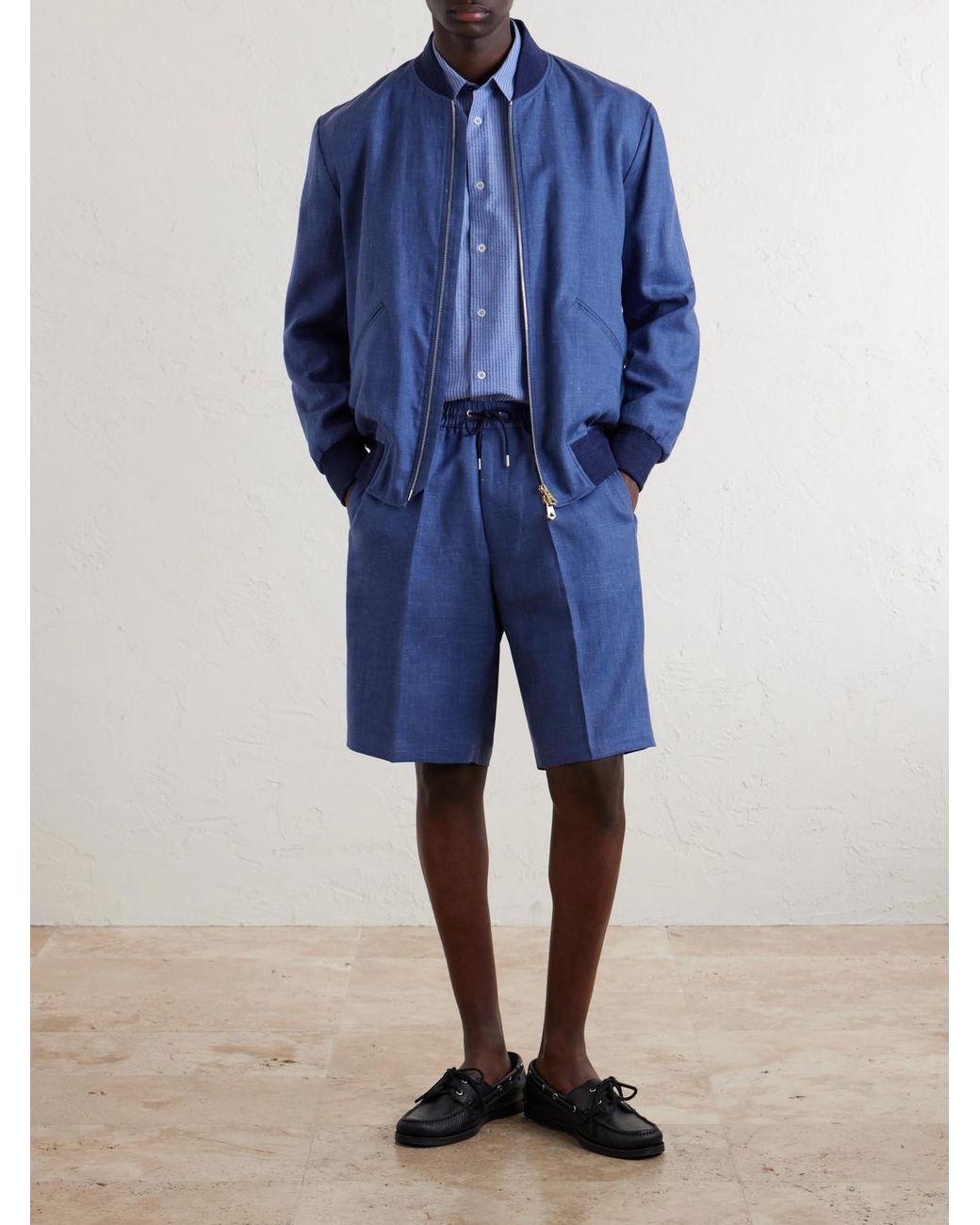 Paul Smith Blue Pleated Linen Drawstring Shorts for men