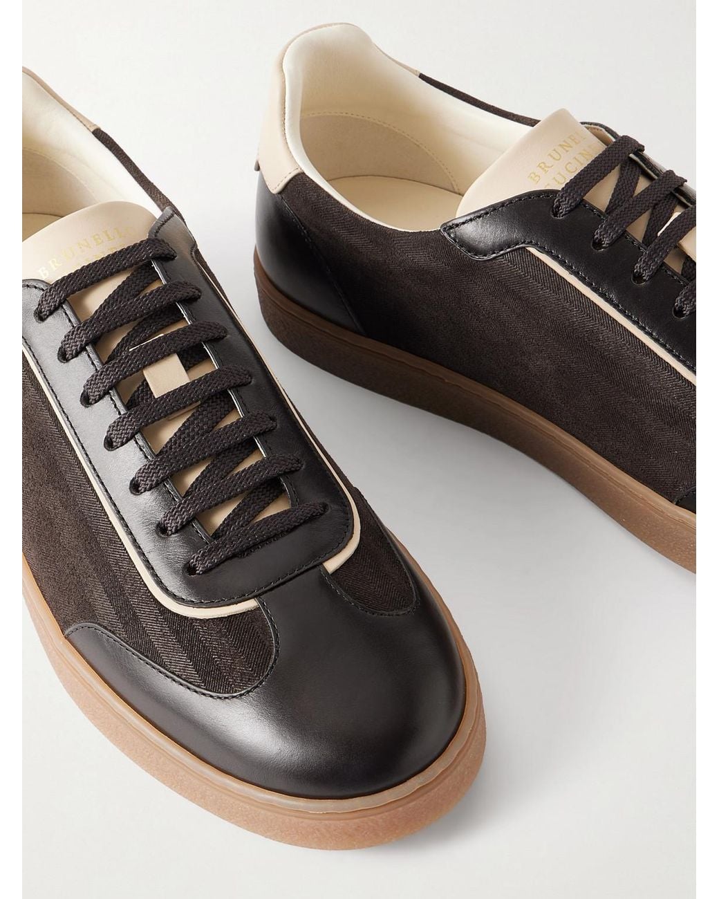 Brunello Cucinelli Brown Leather-Trimmed Waxed Herringbone-Printed Suede Sneakers for men