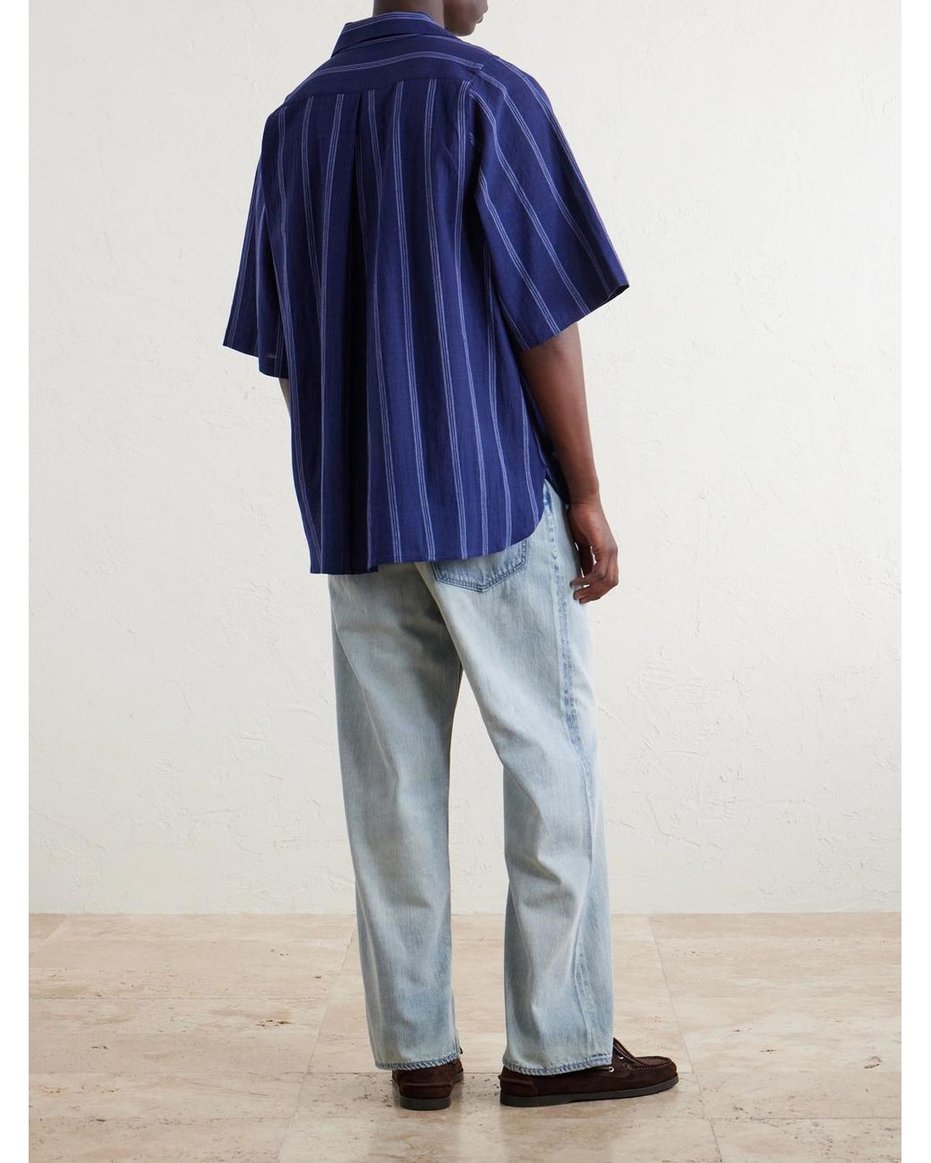 Kardo Blue Yusuke Camp-Collar Striped Cotton Shirt for men