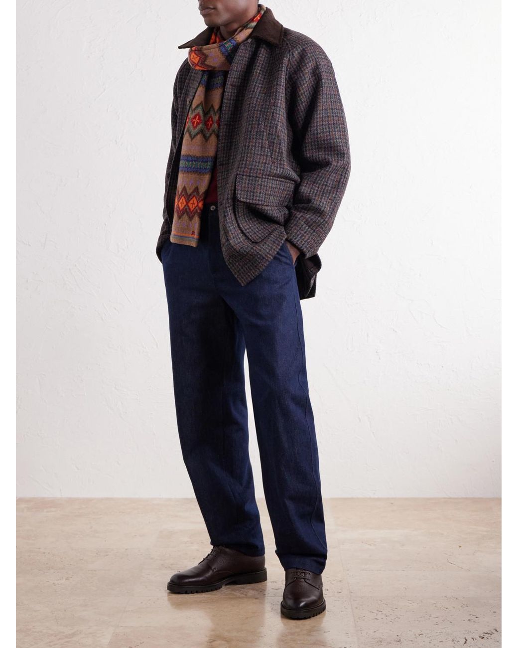 De Bonne Facture Black Checked Corduroy-Trimmed Wool-Tweed Jacket for men