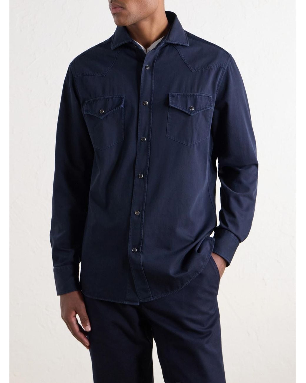 Brunello Cucinelli Blue Cotton-Canvas Western Shirt for men