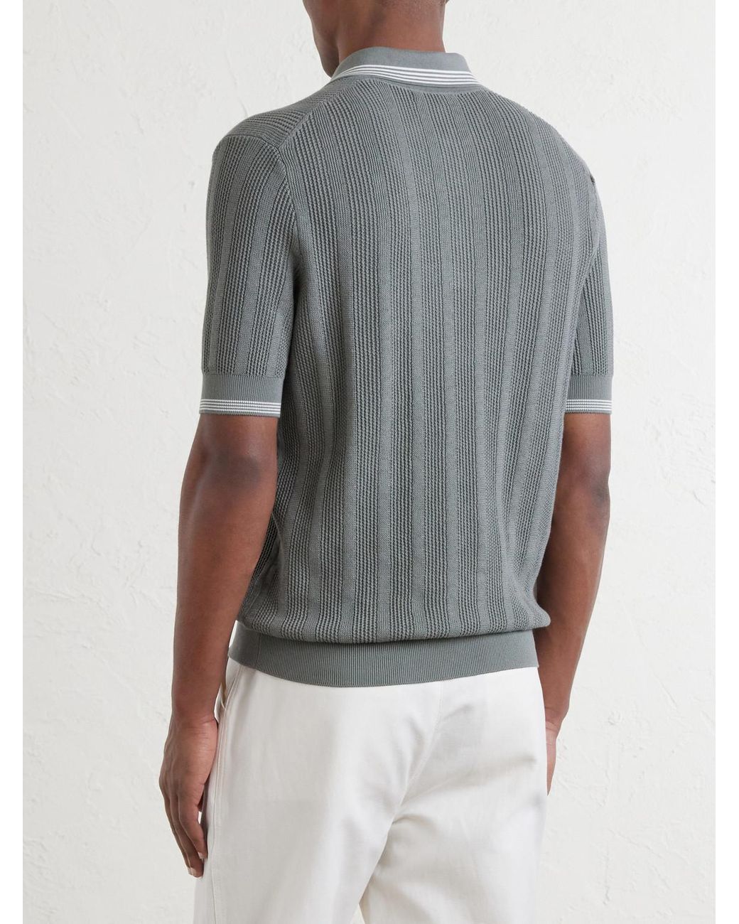 Brunello Cucinelli Gray Striped Pointelle-Knit Cotton Polo Shirt for men