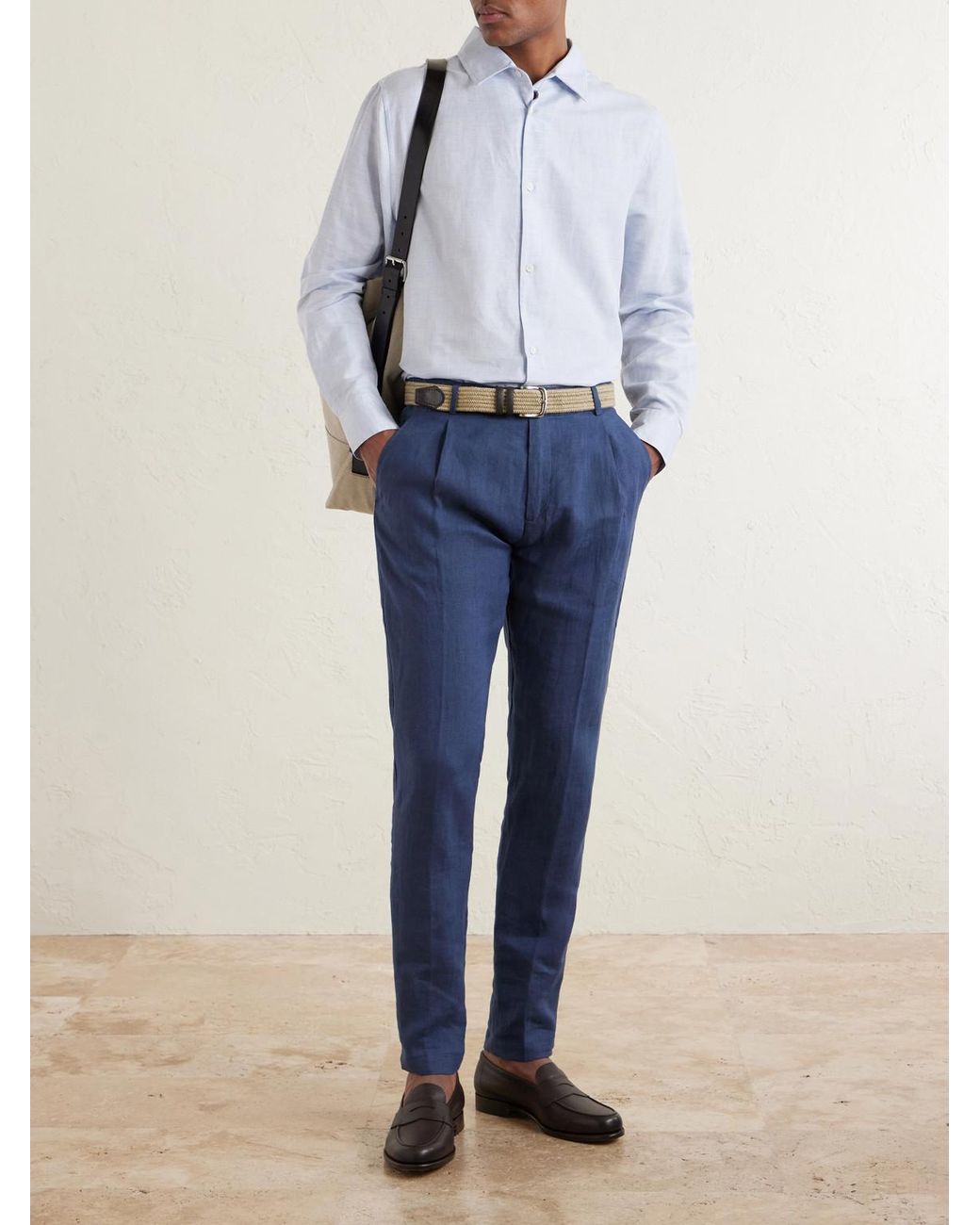 Eleventy Blue Flat Front Chino Linen Trousers for men