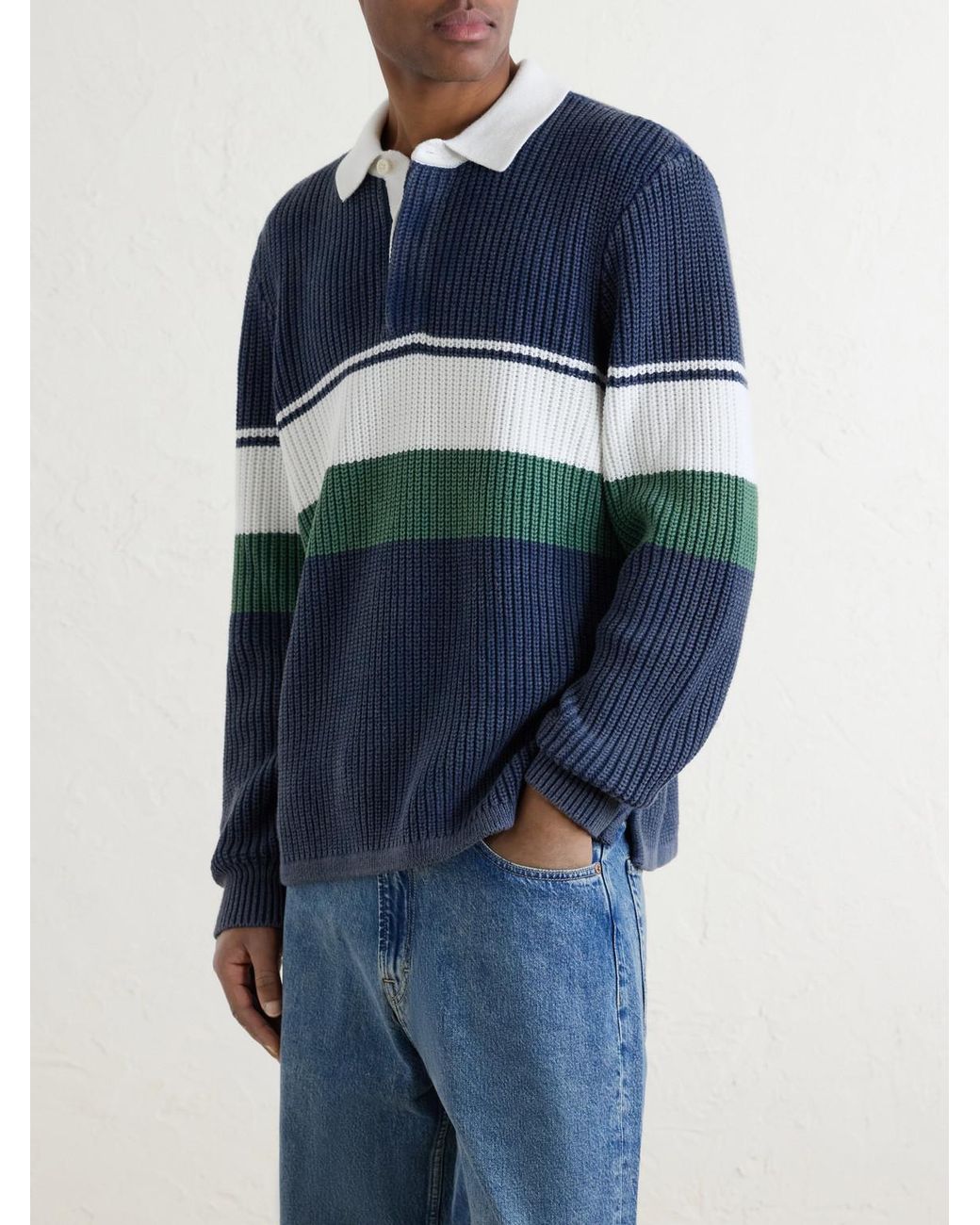 Aimé Leon Dore Blue Knitted Cotton Rugby Polo Sweater for men