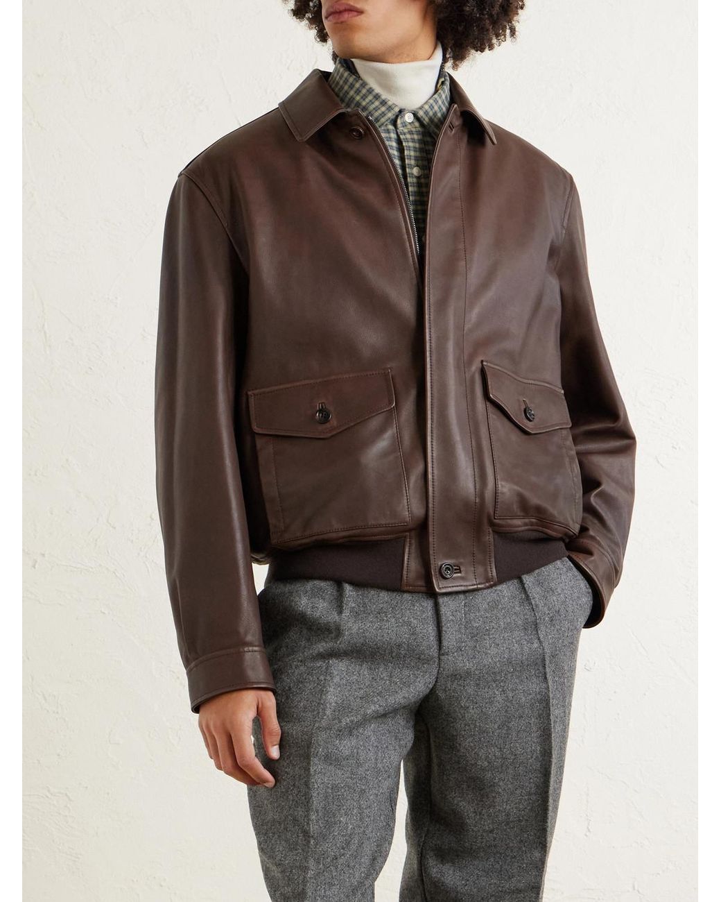 Ralph Lauren Brown Leather Bomber Jacket for men