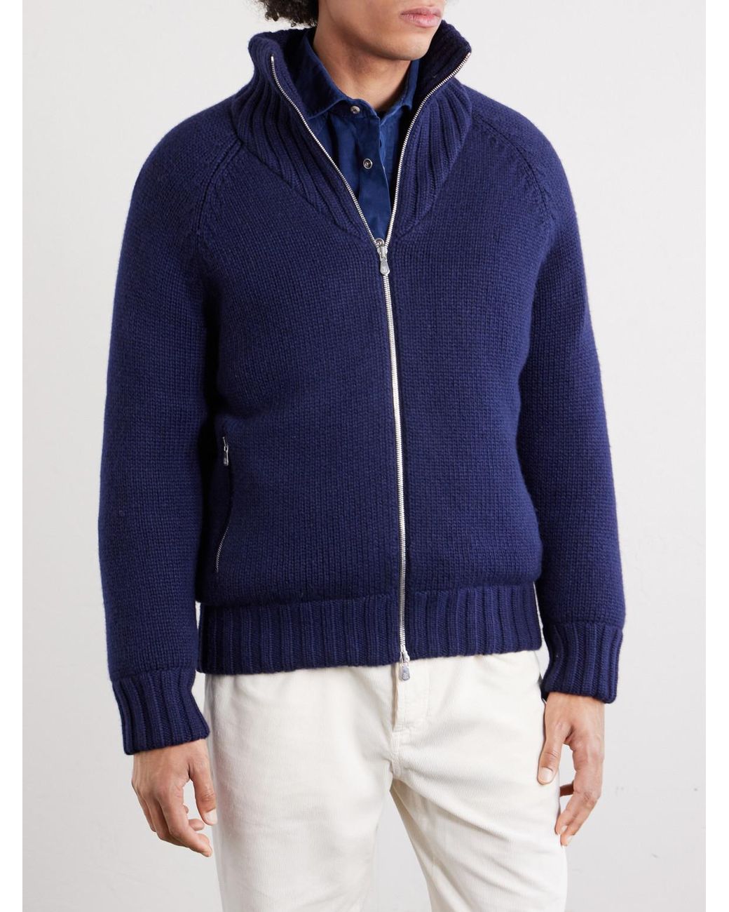 Brunello Cucinelli Blue Cashmere Zip-Up Down Cardigan for men