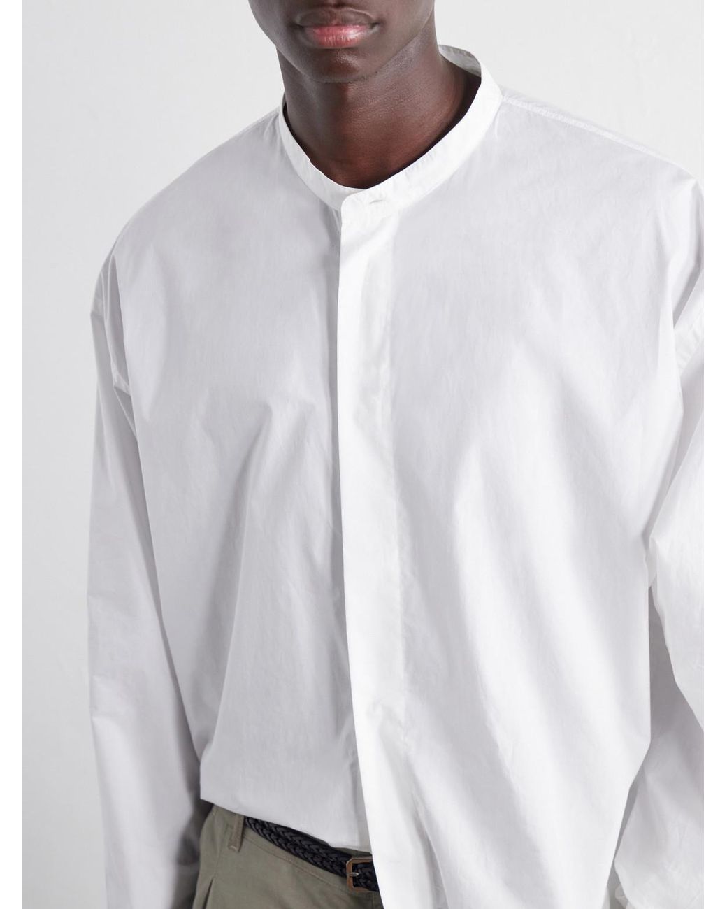 Studio Nicholson White Grandad-Collar Cotton-Poplin Shirt for men