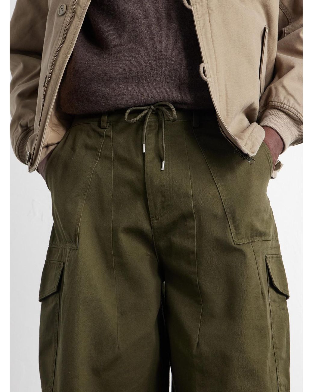 FRIZMWORKS Green Wide-Leg Cotton-Twill Drawstring Cargo Trousers for men