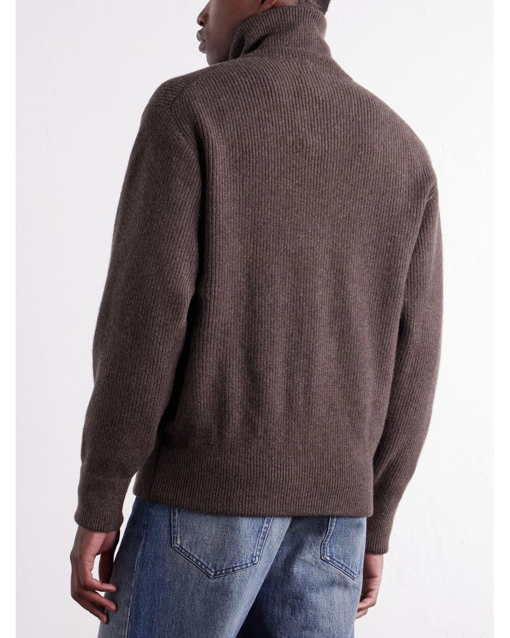 Ssstein Brown Ribbed Wool Zip-Up Cardigan for men