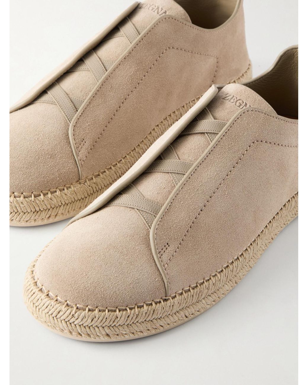 Zegna Natural Triple Stitch Leather-Trimmed Suede Slip-On Sneakers for men