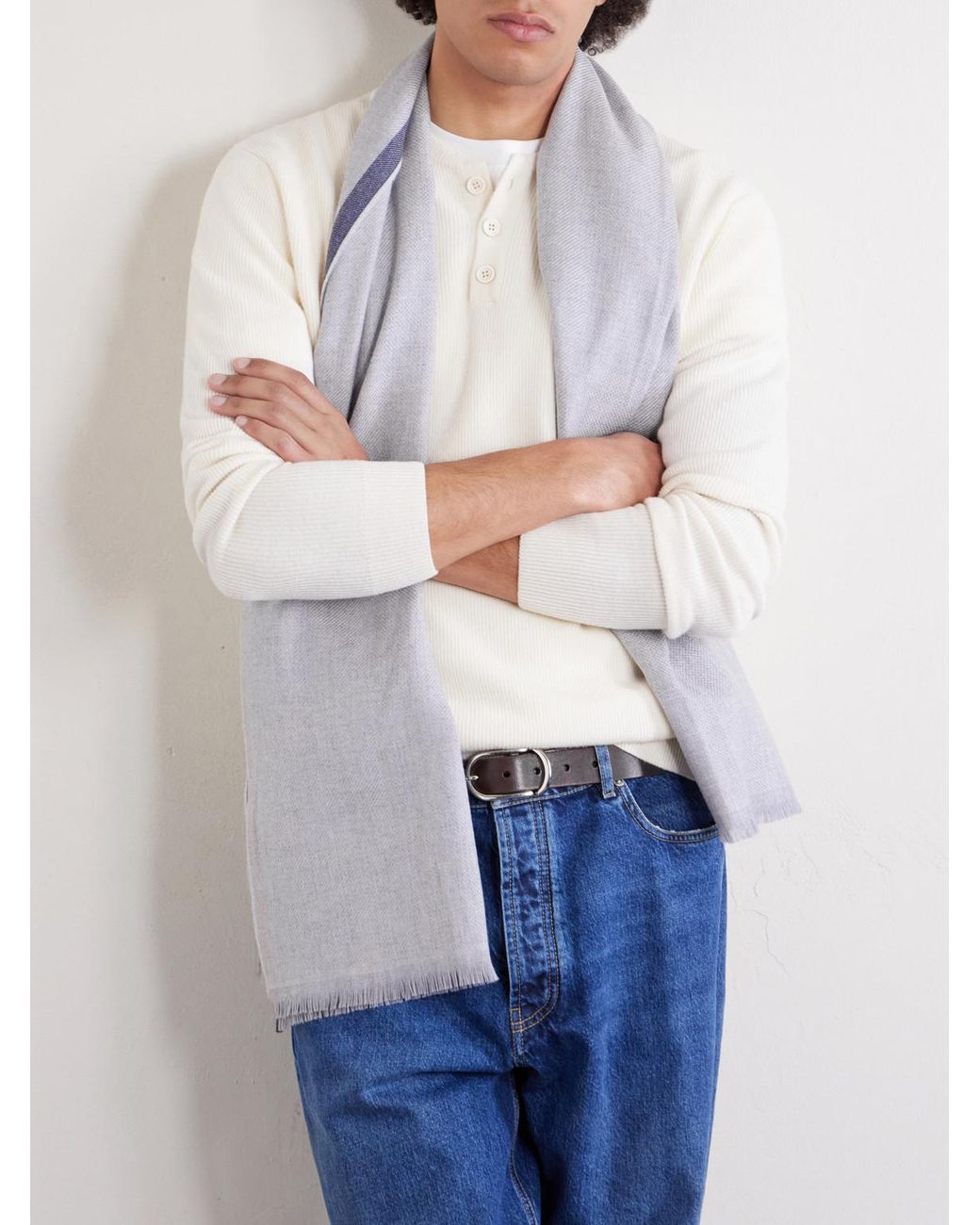 Brunello Cucinelli White Fringed Wool And Cashmere-Blend Scarf for men