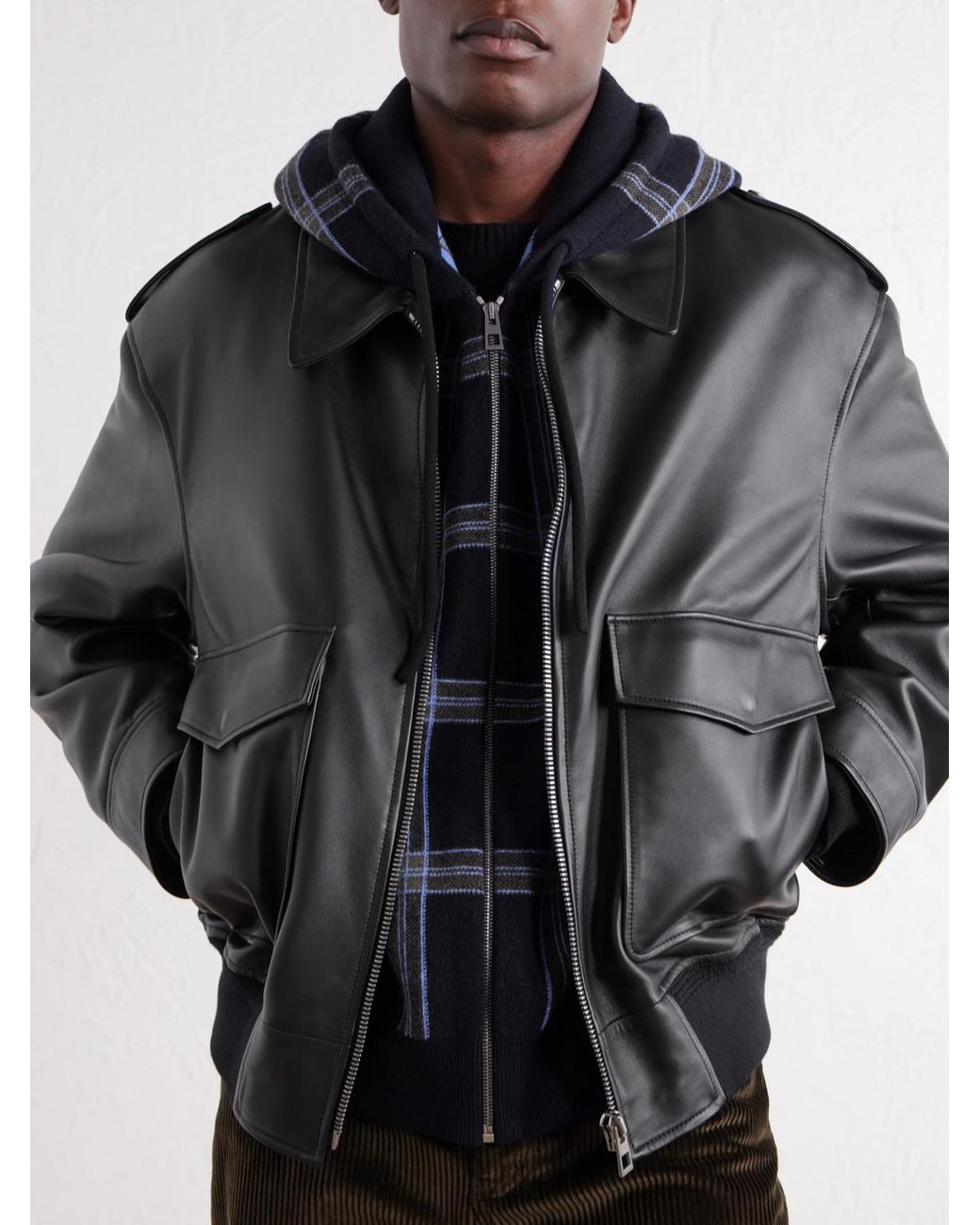 Loewe Black Hooded Checked Knit-Trimmed Leather Jacket for men