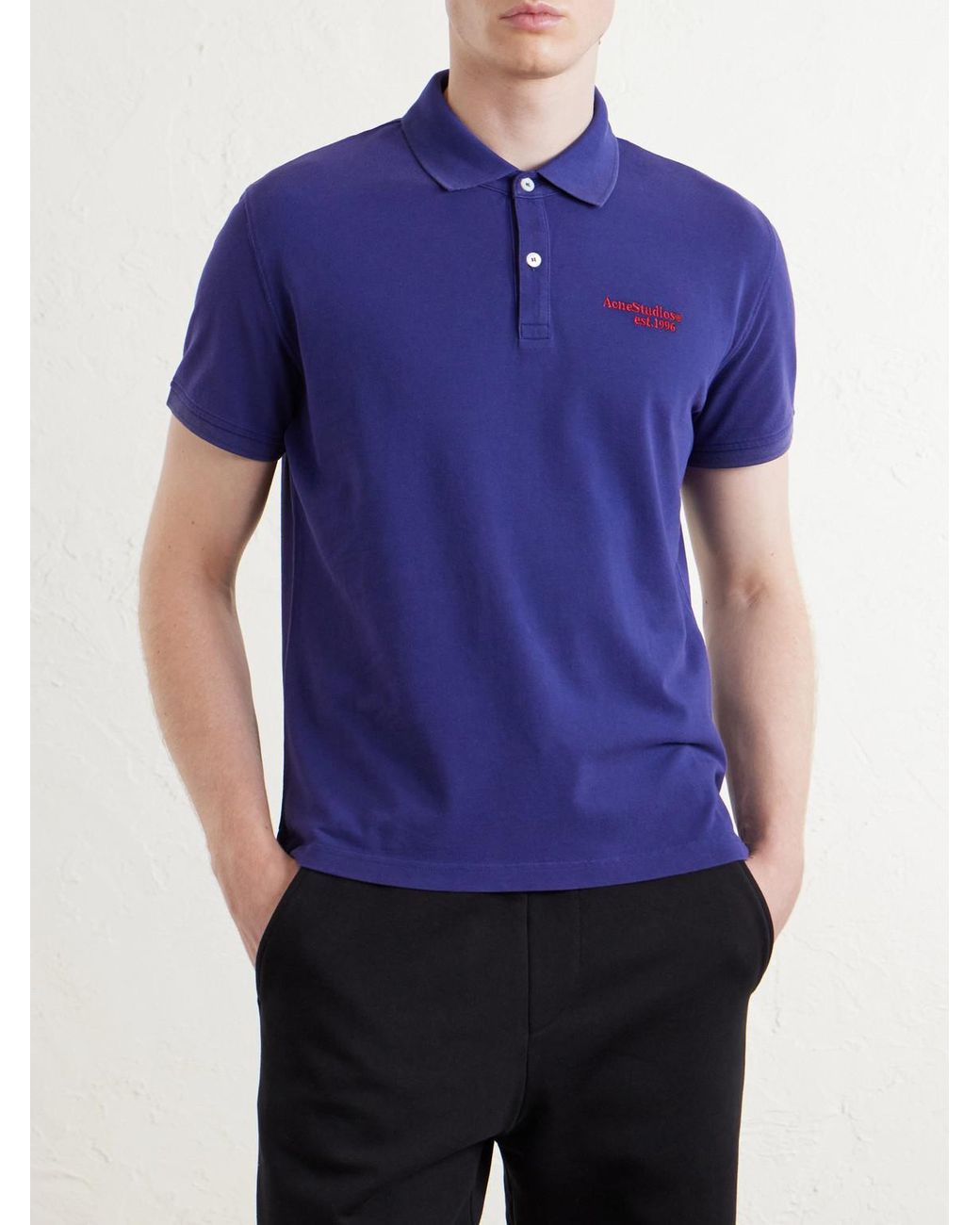 Acne Blue Logo-Embroidered Cotton-Piqué Polo Shirt for men