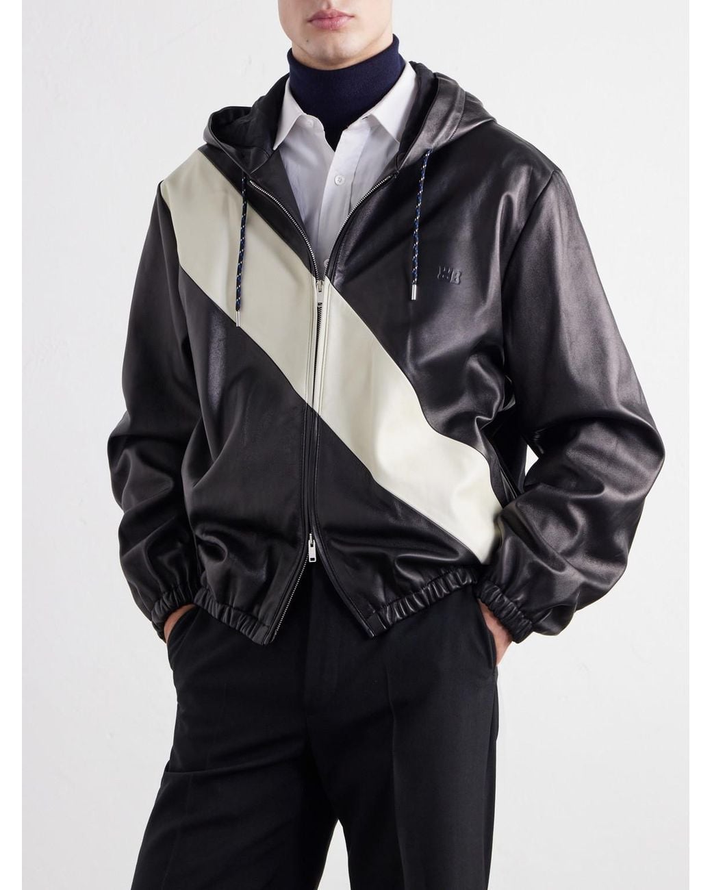 Wales Bonner Black Vista Striped Leather Hooded Jacket for men