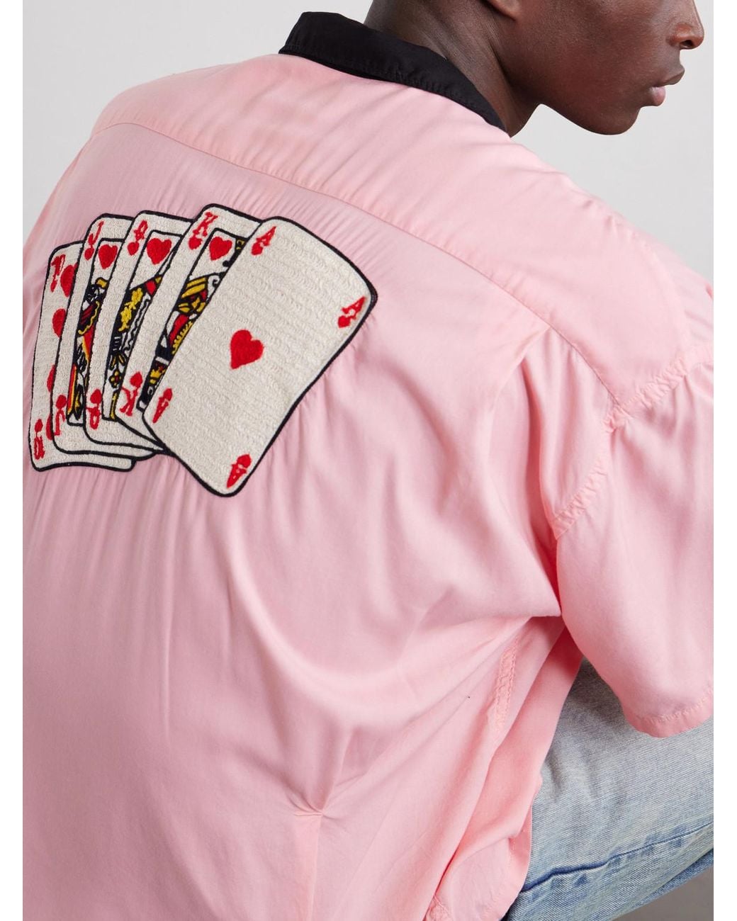 SAINT Mxxxxxx Pink Deck Of Cards Convertible-Collar Logo-Embroidered Satin Shirt for men