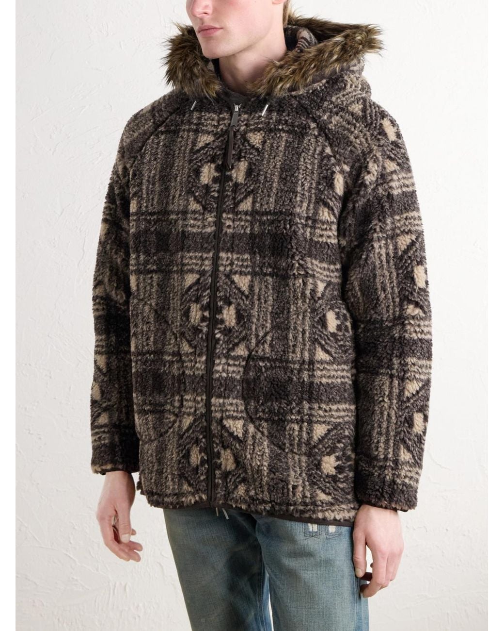 RRL Brown Hooded Plush-Trimmed Fleece Jacket for men