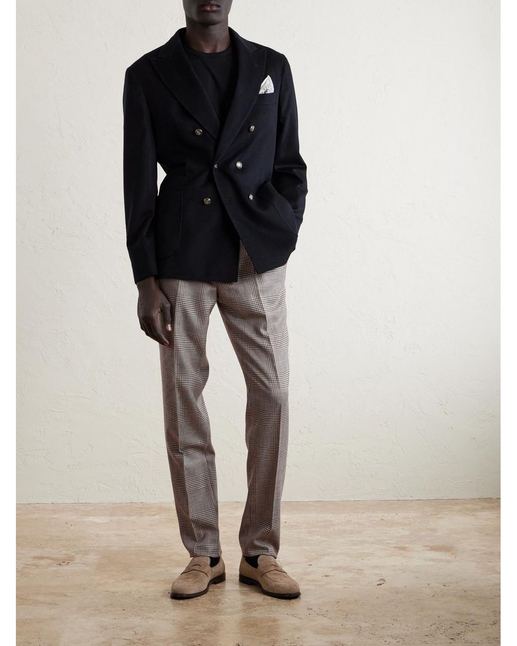 Brunello Cucinelli Gray Straight-Leg Pleated Prince Of Wales Checked Wool, Silk And Linen-Blend Trousers for men