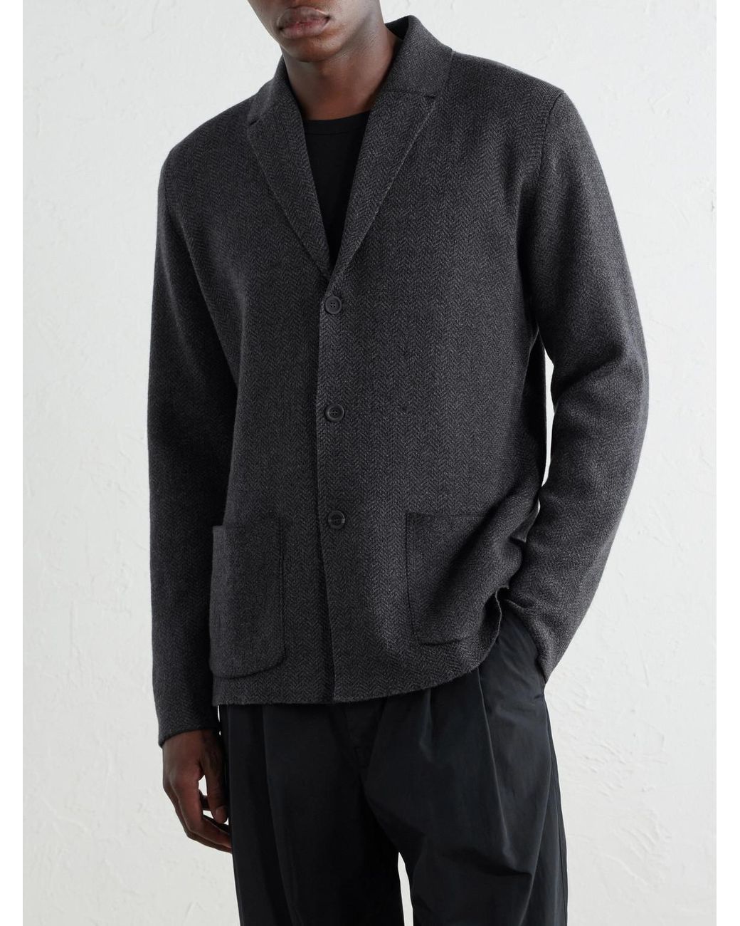 Inis Meáin Blue Herringbone Merino Wool Cardigan for men