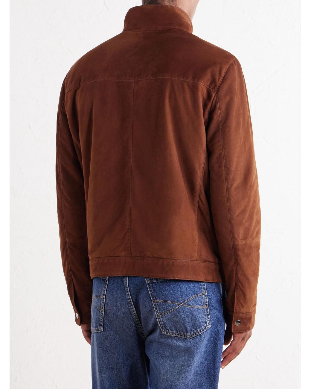 Thom Sweeney Brown Suede Mock-Neck Bomber Jacket for men