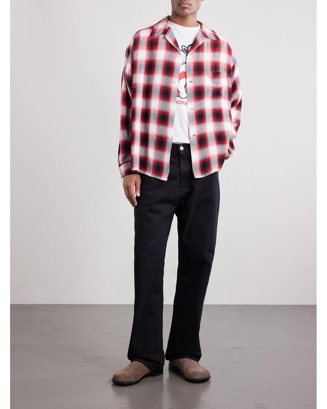 SAINT Mxxxxxx Red Convertible-collar Checked Flannel Shirt for men