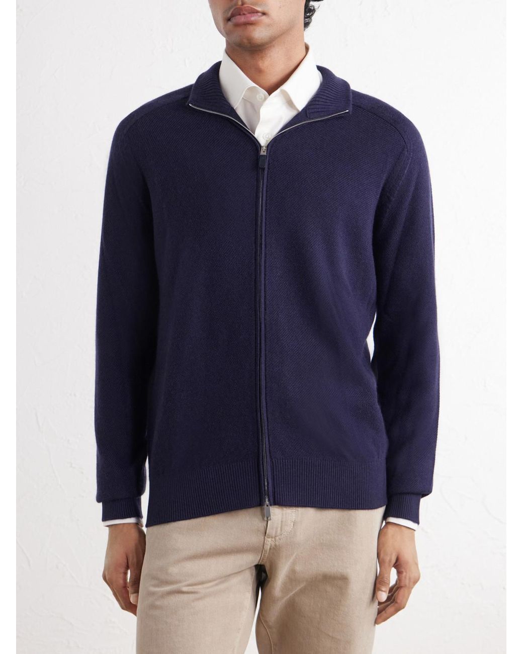 Zegna Blue Cashmere And Silk-blend Zip-up Cardigan for men